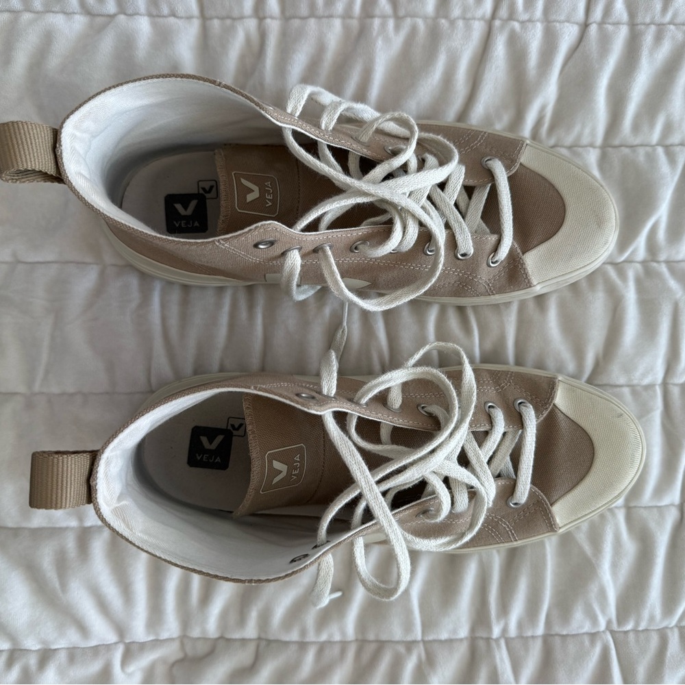 Veja High-Top Sneakers in Beige and White Canvas